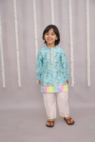 Boys' Sky blue kite print kurta set, handmade festive kidswear by The Wishing Closet