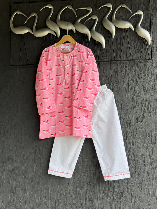 Pink bird print kurta set
