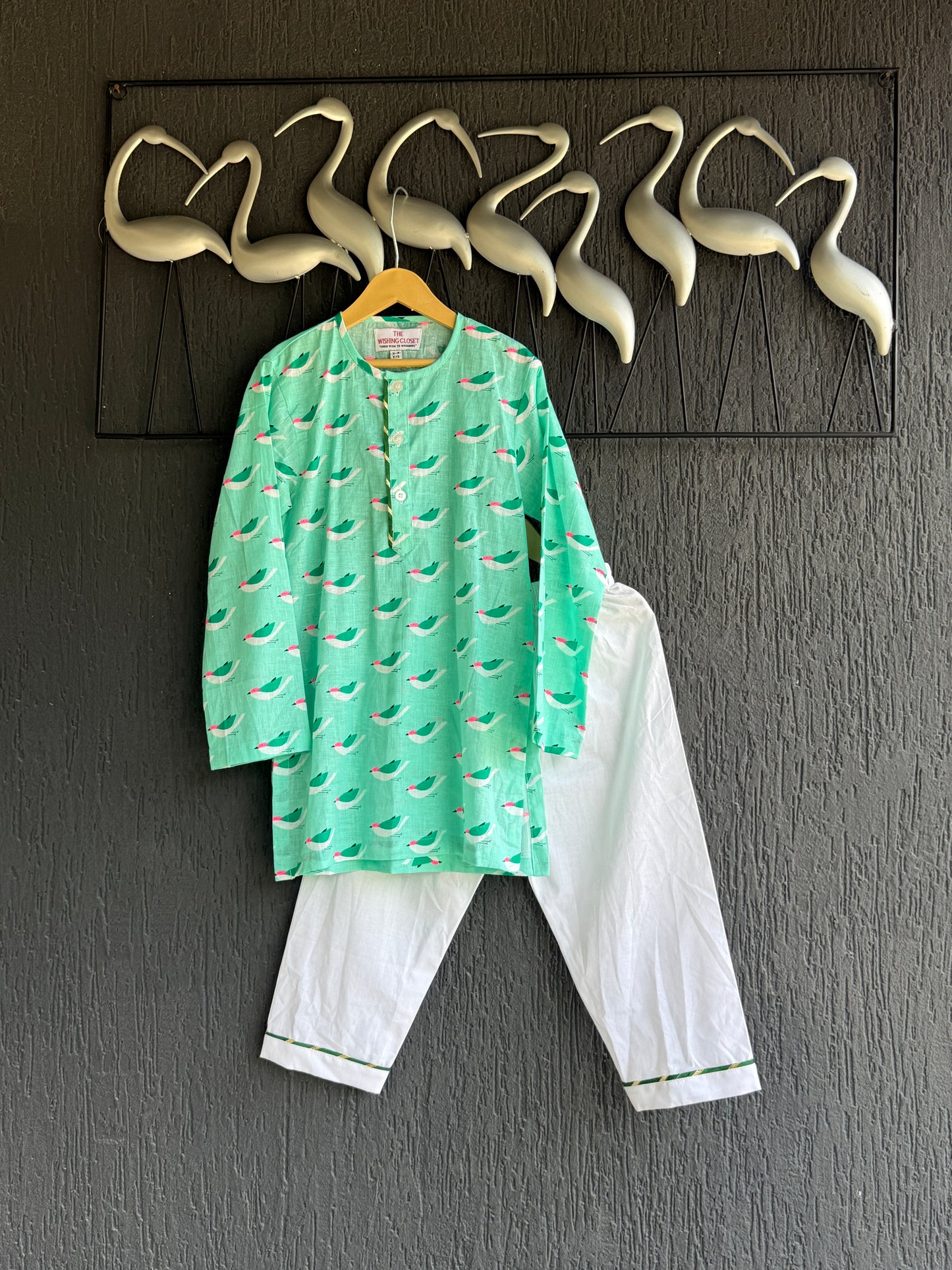 Green bird print kurta set