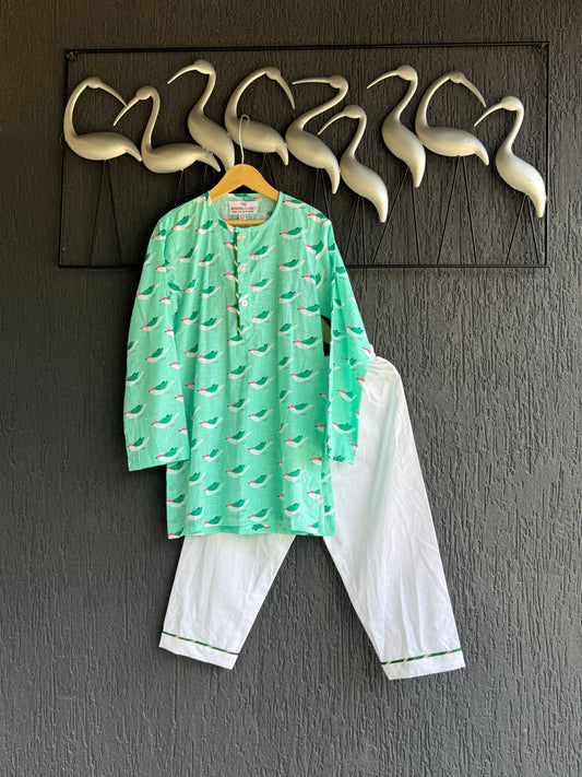Green bird print kurta set
