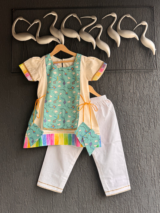 Off white sky blue kite print kurta set