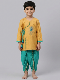 Beige angrakha mor pankh dhoti set boy
