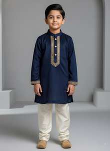 Navy Blue Velvet Kurta Set for Boys