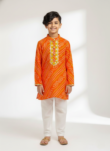 Orange leheriya boys kurta set, handmade festive kidswear by The Wishing Closet