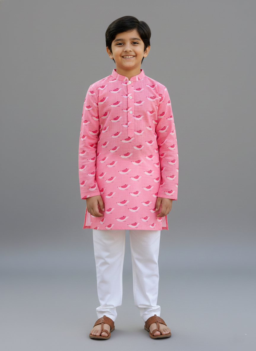 Pink bird print kurta set