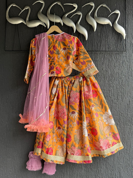 Orange Bold Floral Print Lehenga