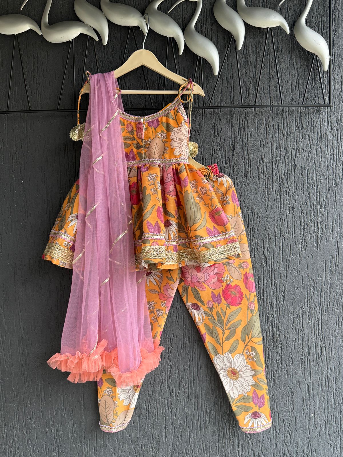 Orange Bold Flower Strap Kurta with Dhoti