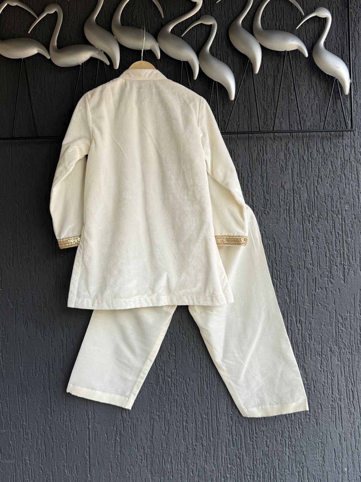 Off White Velvet Kurta Set for Boys