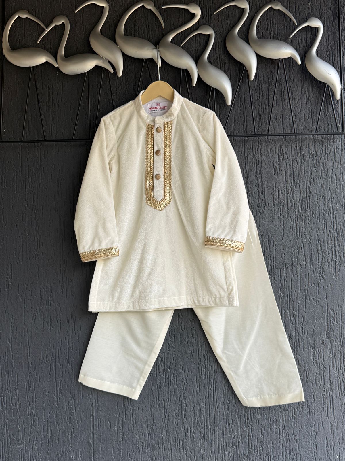 Off White Velvet Kurta Set for Boys