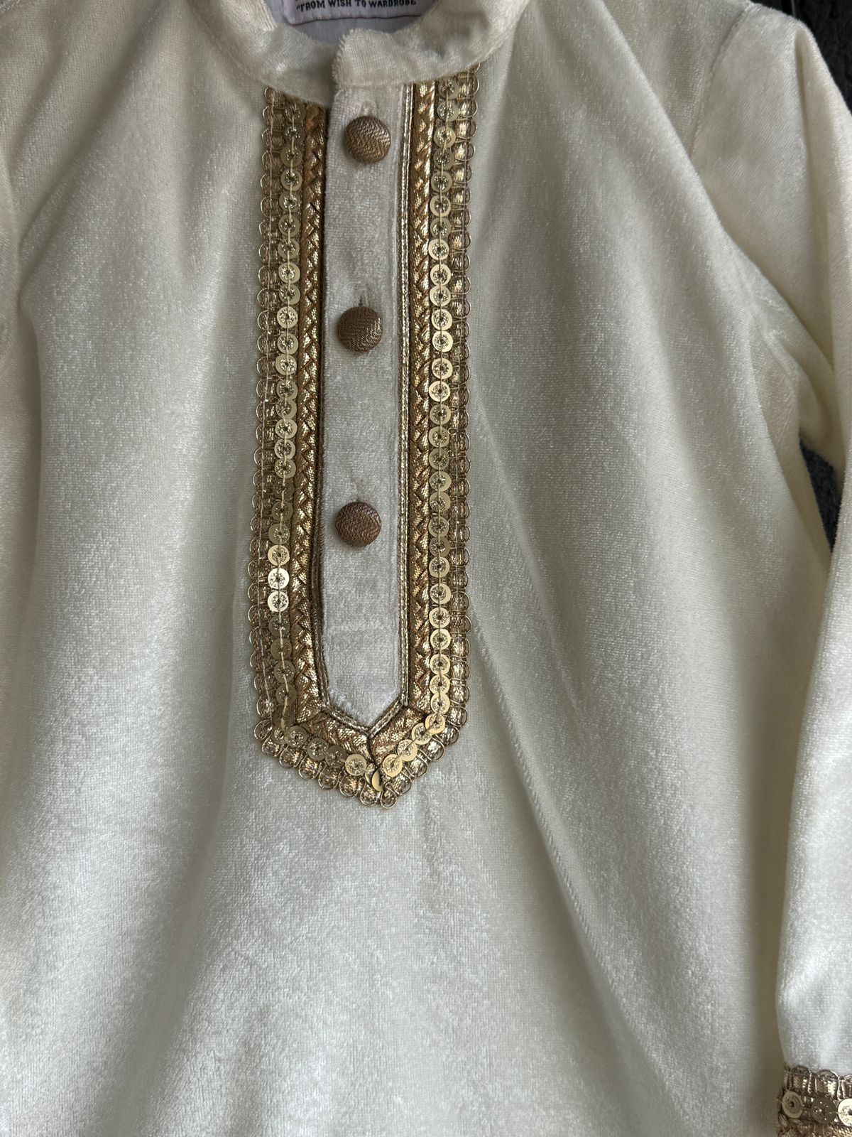 Off White Velvet Kurta Set for Boys