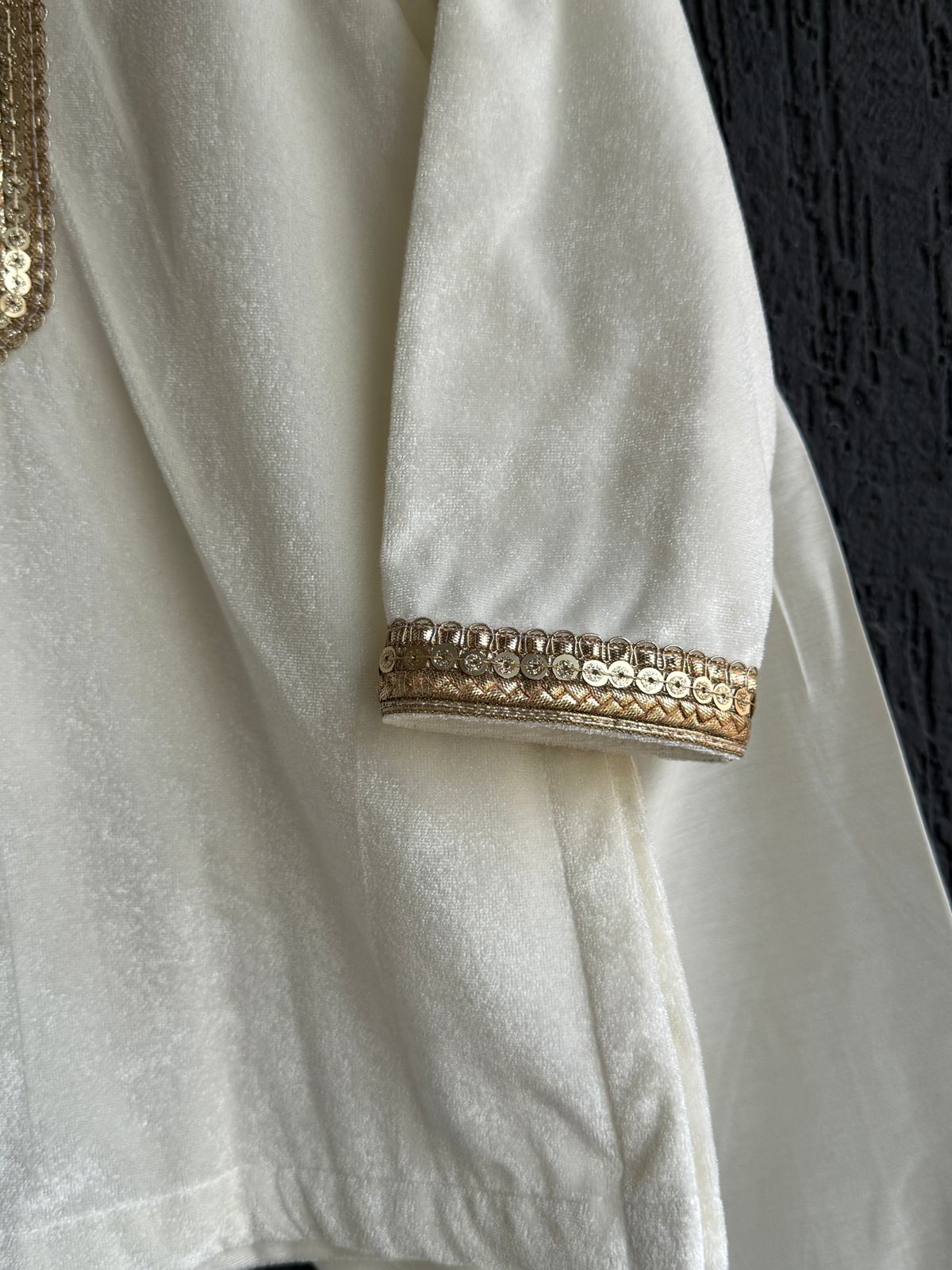 Off White Velvet Kurta Set for Boys