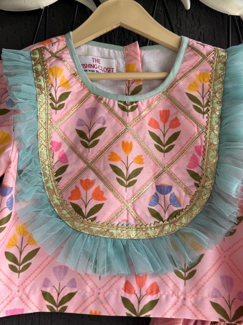 Pink geometric flower print Lehenga