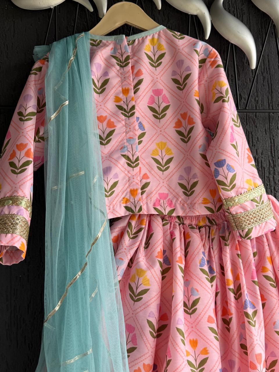 Pink geometric flower print Lehenga