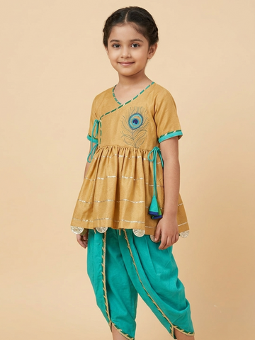 Beige angrakha mor pankh dhoti set for girls, handmade to order.