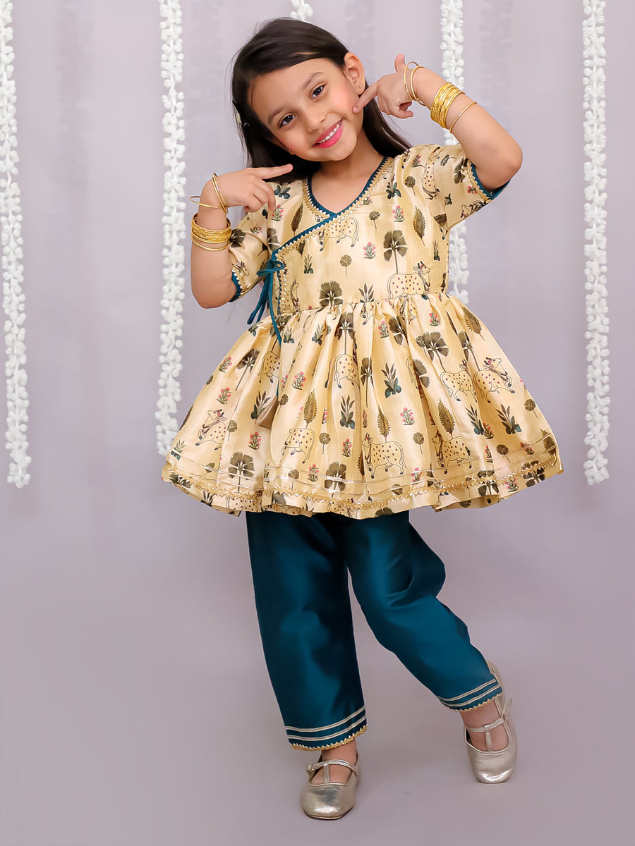 Beige Cow printed angrakha set