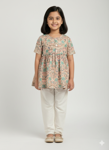 Beige floral jaal print kurta set for girls, handmade to order.
