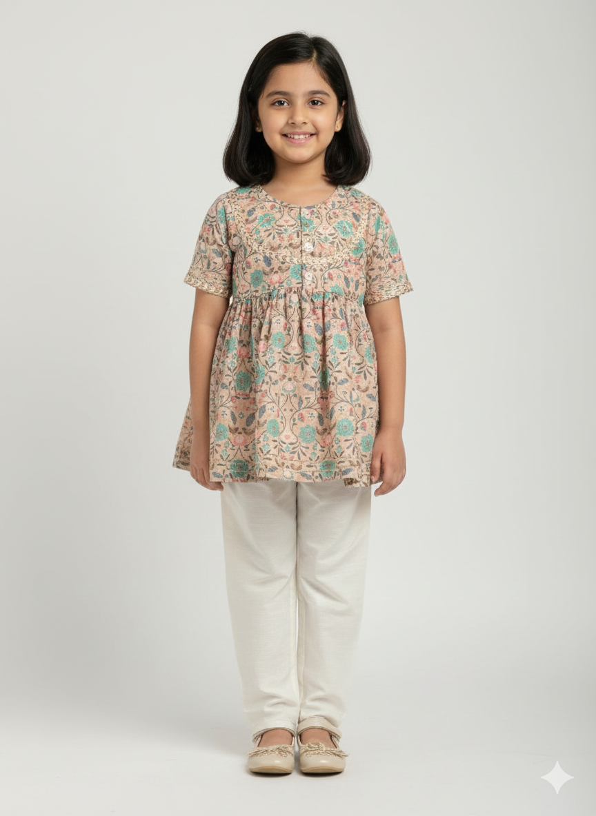 Beige floral jaal print kurta set