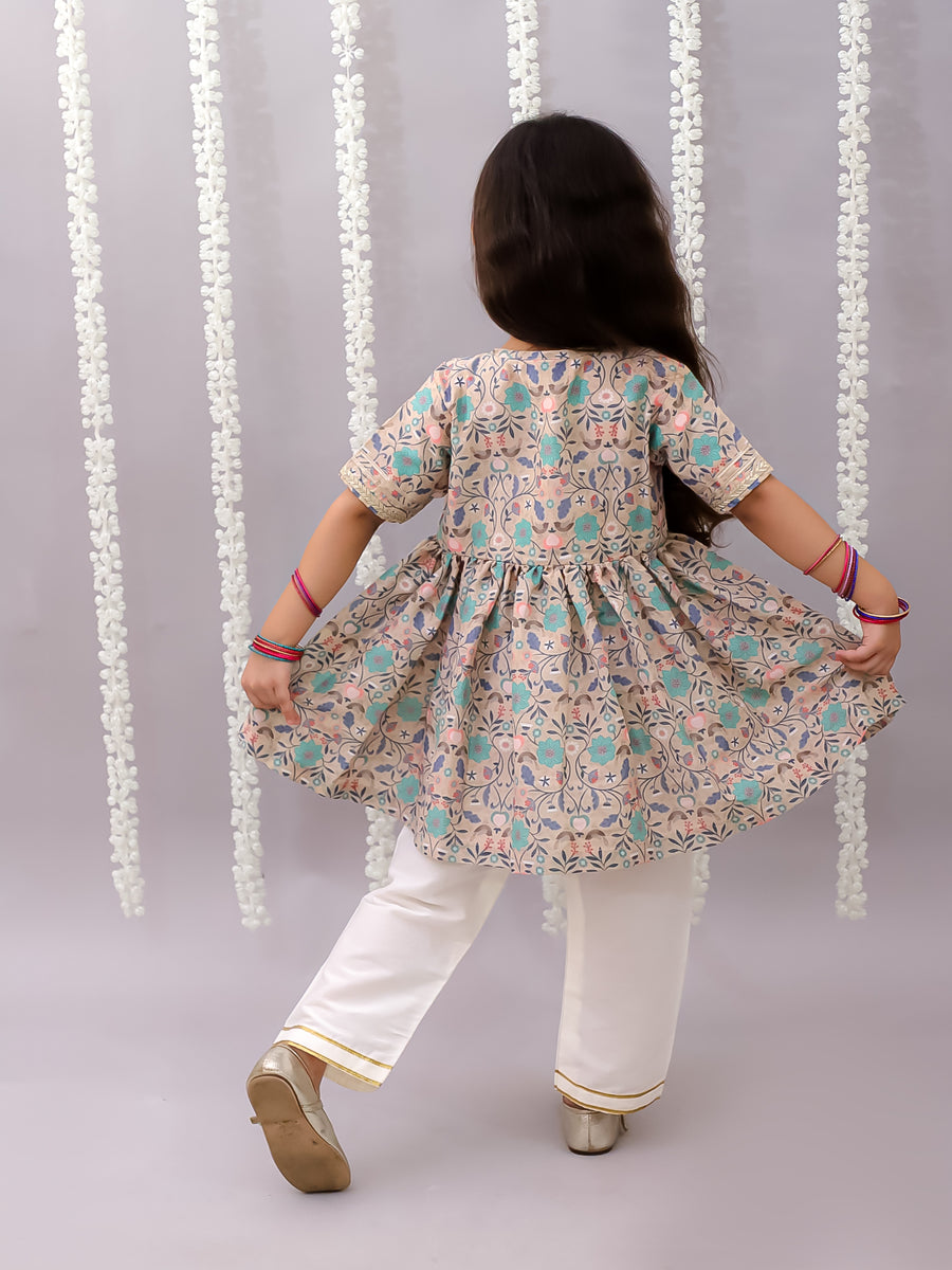 Beige floral jaal print kurta set