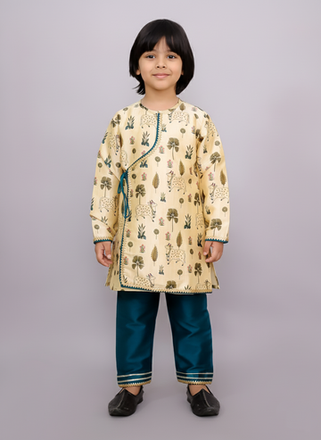 Boys' Beige Cow printed angrakha set with Green Bottom, handmade festive kidswear by The Wishing Closet