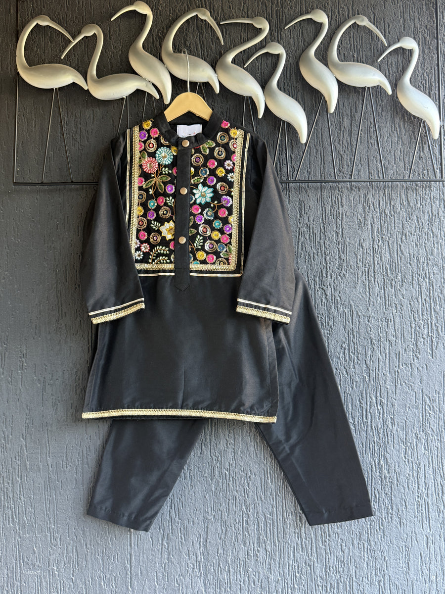 Black Embroidered Kurta Set for boys