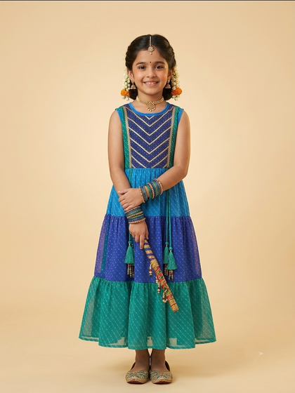 Blue green leheriya dress — handmade festive kidswear by The Wishing Closet