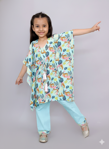 Blue tiger print kaftan kurta set for girls, handmade to order.
