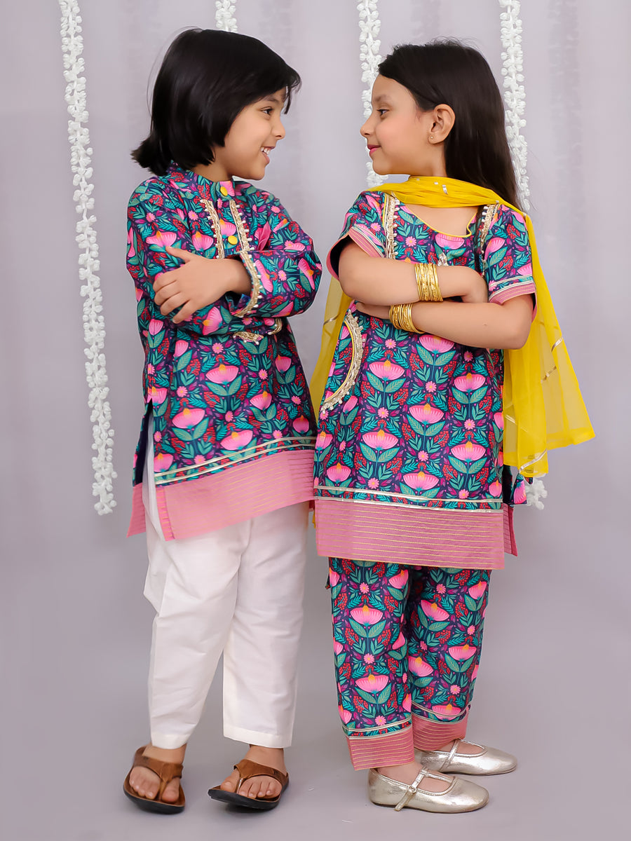Midnight blue floral print kurta set