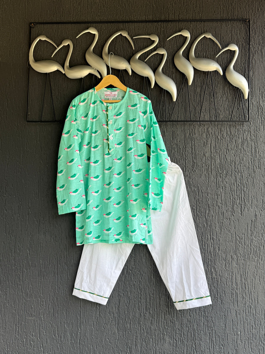 Green bird print kurta set