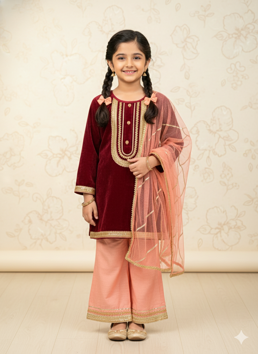 Maroon Velvet Kurta with contrasting Silk Bottoms
