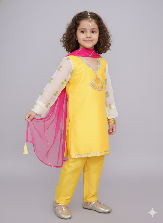 Mustard white chanderi emb kurta set