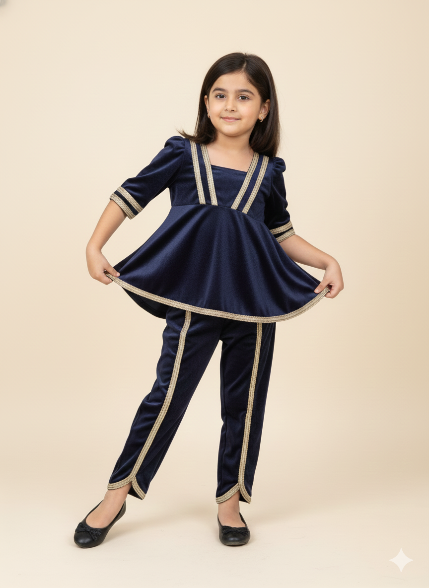 Navy Blue frock-style velvet dhoti set