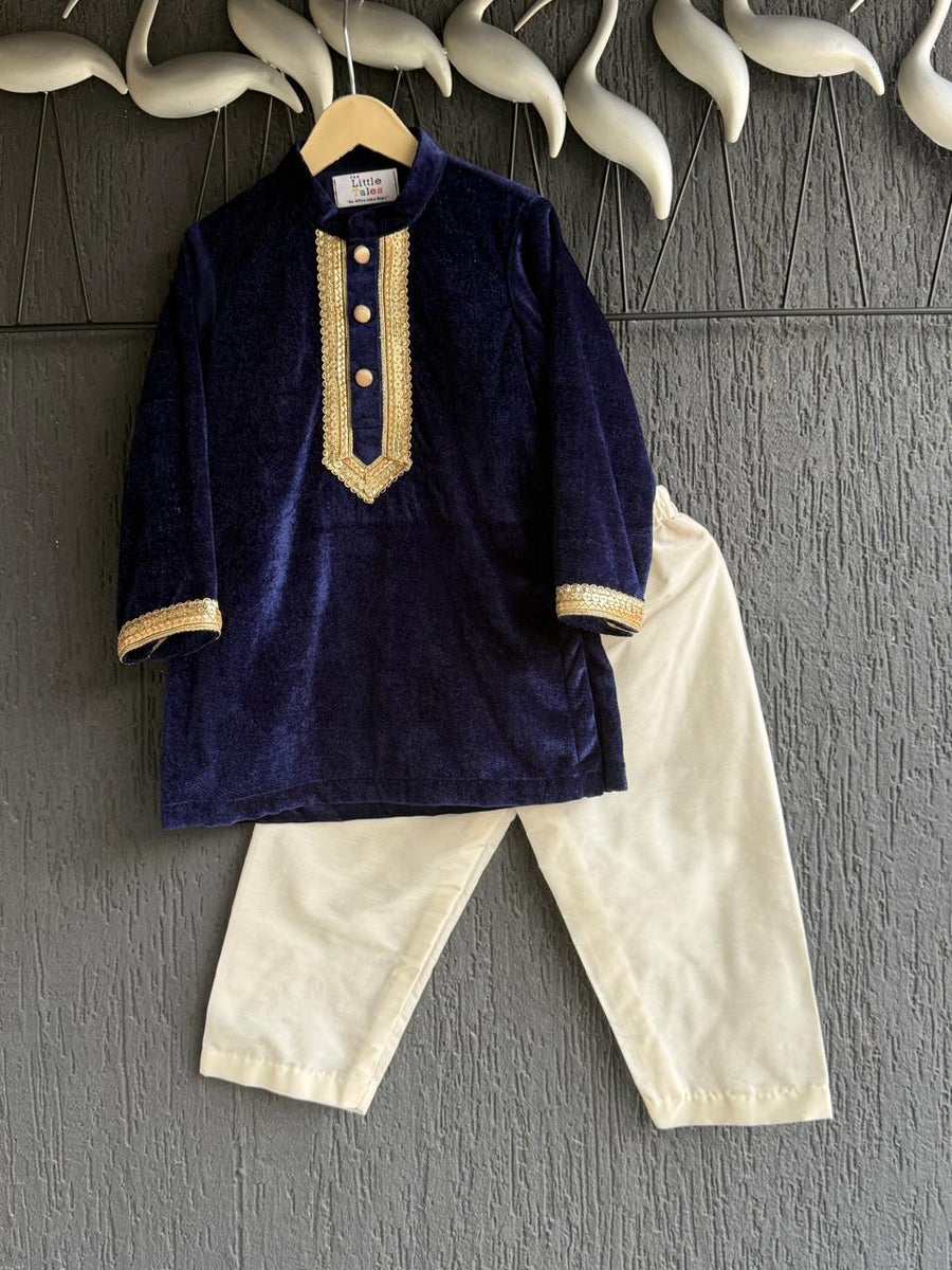 Navy Blue Velvet Kurta Set for Boys