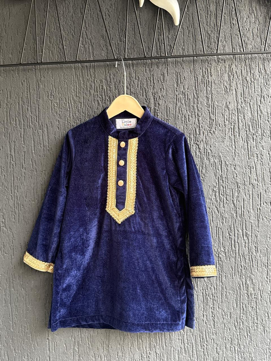 Navy Blue Velvet Kurta Set for Boys