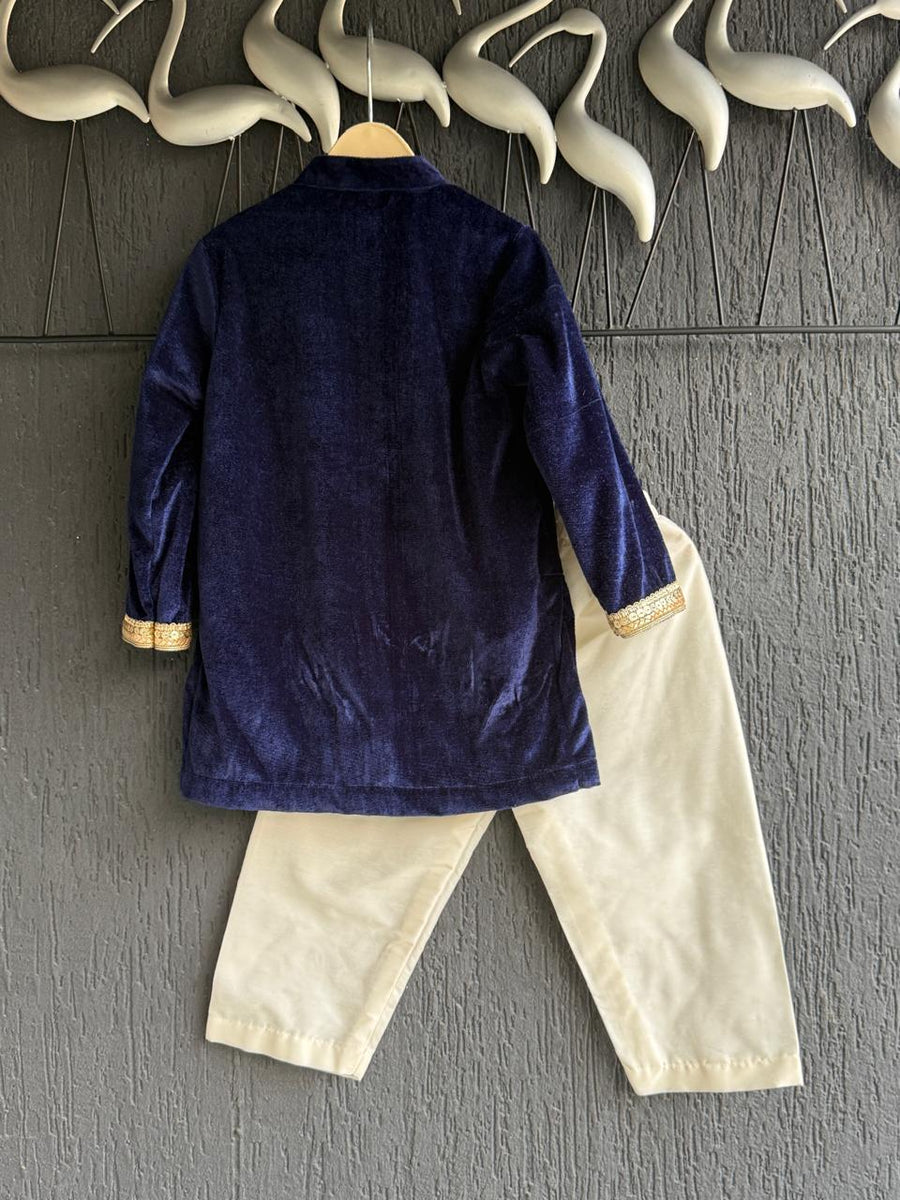 Navy Blue Velvet Kurta Set for Boys