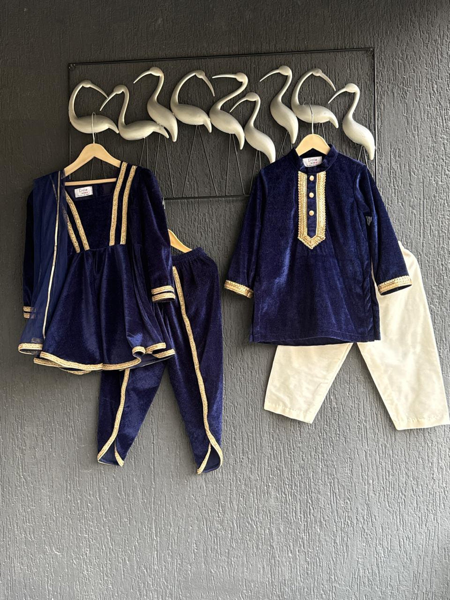 Navy Blue Velvet Kurta Set for Boys