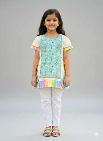 Off white sky blue kite print kurta set for girls, handmade to order.