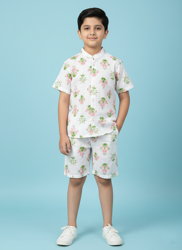 Boys' off white floral print summer shirt shorts, cotton summer set by The Wishing Closet