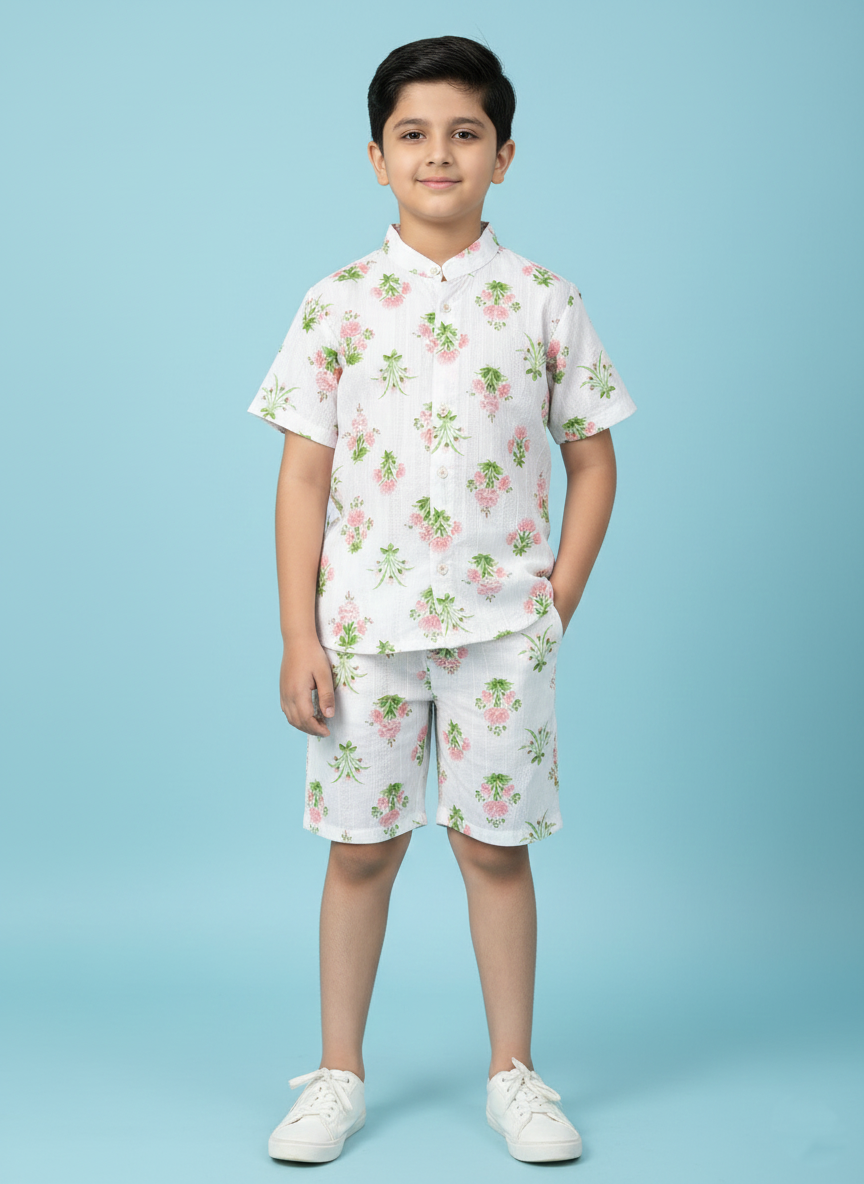 off white floral print summer shirt shorts