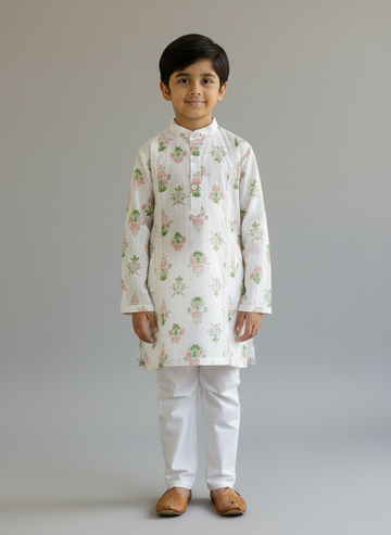 Boys' off white floral print kurta set, handmade festive kidswear by The Wishing Closet