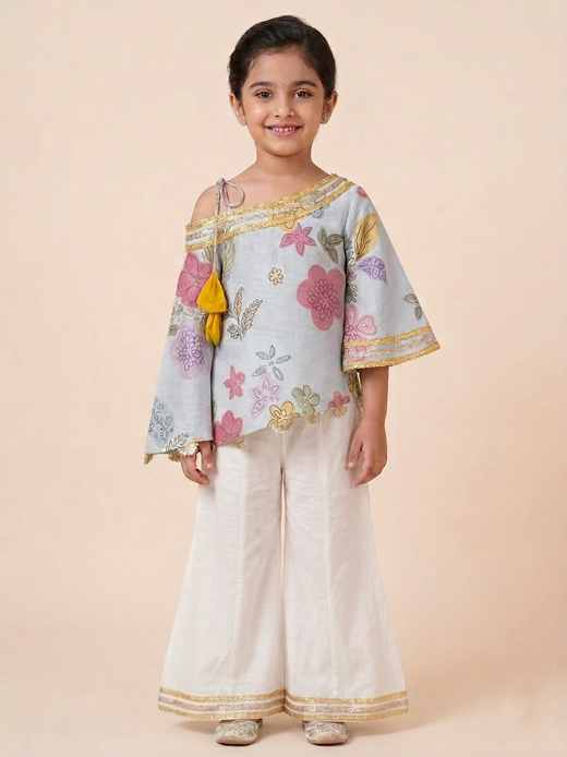 One off shoulder blue printed palazzo set