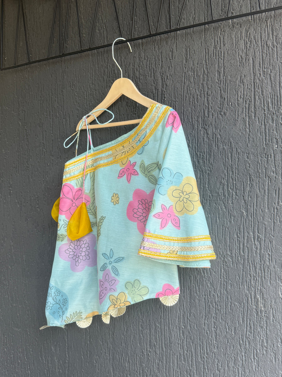 One off shoulder blue printed palazzo set