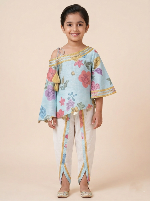 One off shoulder blue printed tappered dhoti set