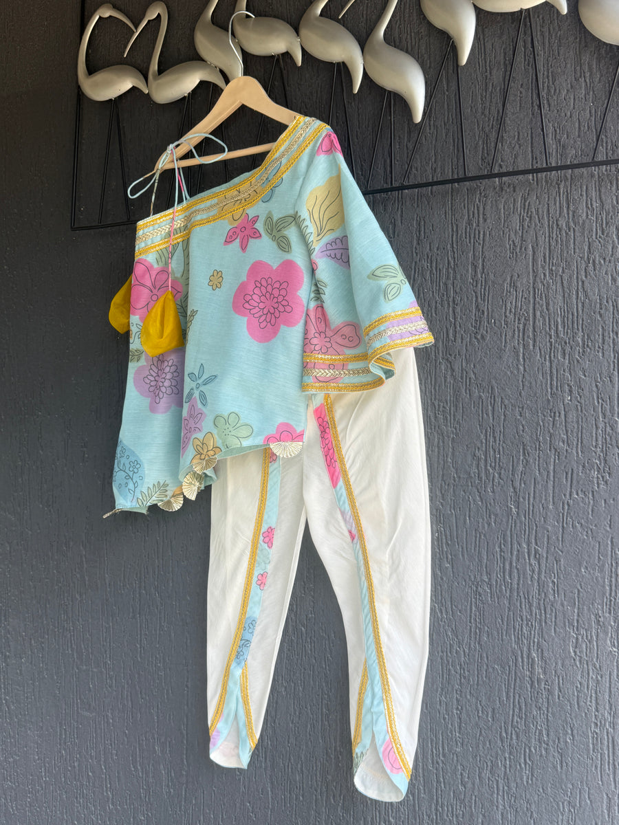 One off shoulder blue printed tappered dhoti set