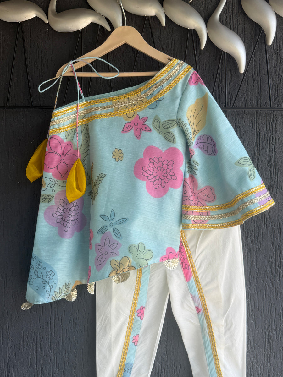 One off shoulder blue printed tappered dhoti set