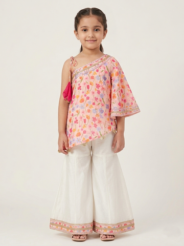 One off shoulder pink printed palazzo set for girls, handmade to order.