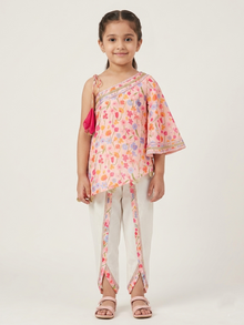 One off shoulder pink printed tappered dhoti set