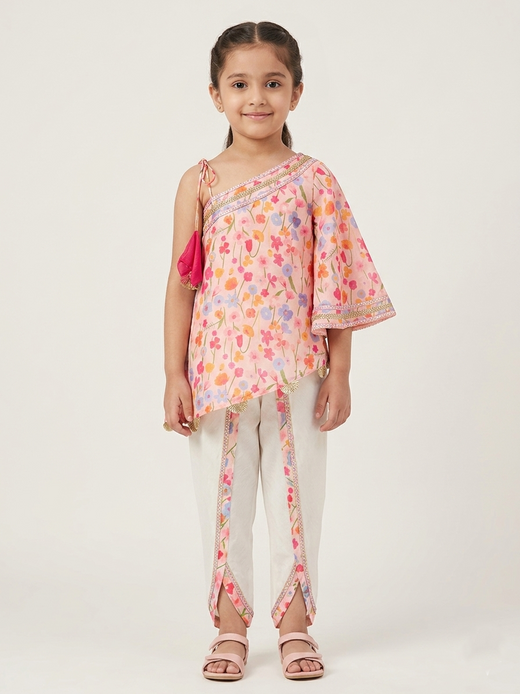 One off shoulder pink printed tappered dhoti set