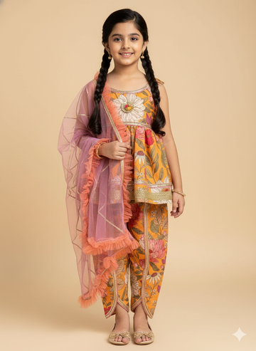 Orange Bold Flower Strap Kurta with Dhoti for girls, handmade to order.