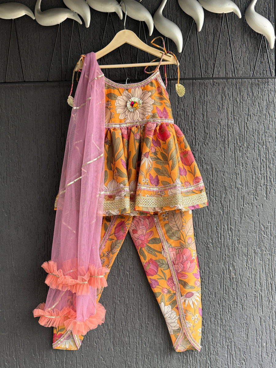 Orange Bold Flower Strap Kurta with Dhoti