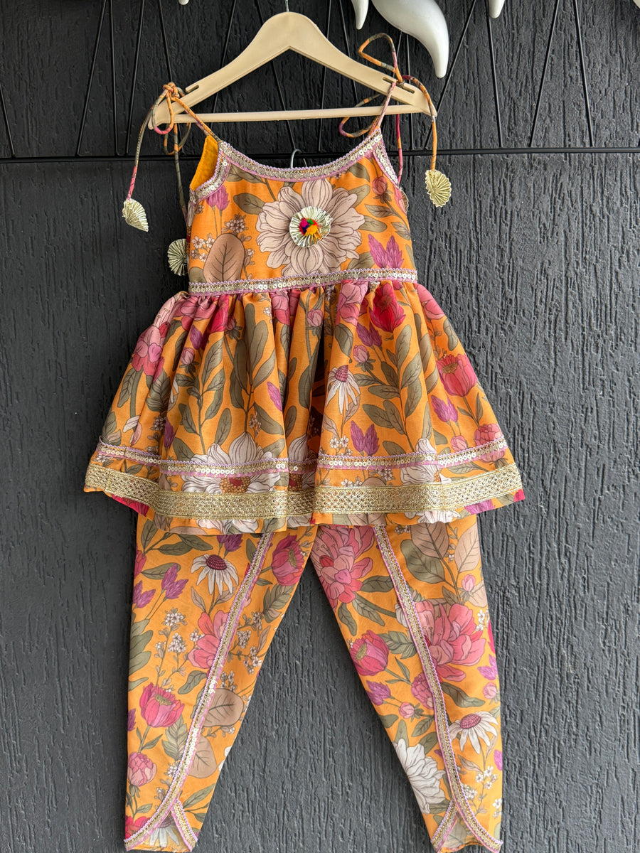 Orange Bold Flower Strap Kurta with Dhoti